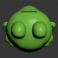 Green Cartoon Frog Toy with Big Eyes Smiling and Leaf Collar Standing on Dark Background