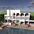 Scenic Modern White Villa With Arched Windows Swimming Pool And Green Surroundings