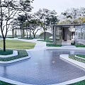 Scenic Park Landscape Design with Lush Greenery Winding Walkways and Wooden Pavilions