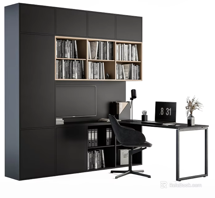 Modern Black Desk And Chair Set With Bookcase Books Lamp And Plant 3d model 
