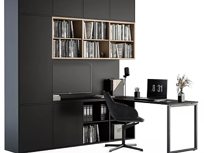 Modern Black Desk And Chair Set With Bookcase Books Lamp And Plant 3d model
