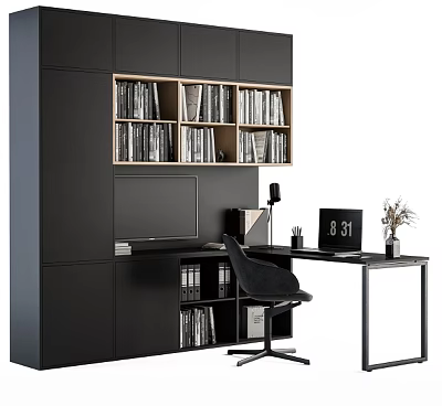 Modern Black Desk And Chair Set With Bookcase Books Lamp And Plant 3d model