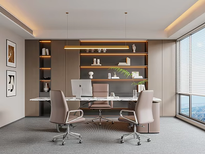 Modern Office Interior With Desk Computer Chairs Shelves Artworks Window City View Pendant Lights 3d model
