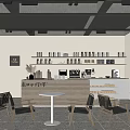 Minimalist Modern Cafe Interior With Wooden Counter Coffee Machine Shelves Tables And Chairs