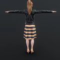 Woman Wearing Black Leather Jacket Striped Yellow Black Dress Yellow High Heels with Arms Outstretched