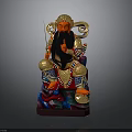 Traditional Deity Statue of Man With Red Face Black Beard Golden Red Robe Holding Sword