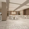 Spacious Modern Restaurant Interior With White Tables Chairs Marble Floor And Ceiling Lights 3d model