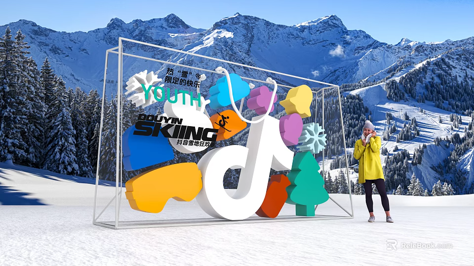 Youth Skiing Event With Transparent Frame TikTok Logo And Colorful Decorations In Snow Mountain Background 3d model 