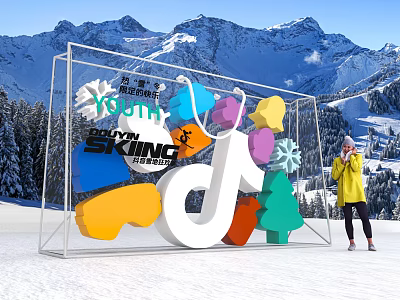 Youth Skiing Event With Transparent Frame TikTok Logo And Colorful Decorations In Snow Mountain Background 3d model