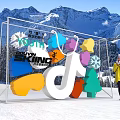 Youth Skiing Event With Transparent Frame TikTok Logo And Colorful Decorations In Snow Mountain Background