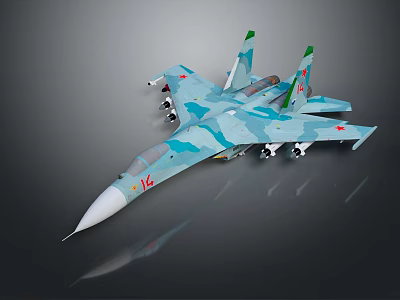 Military Fighter Jet Blue Green Camouflage Sleek Design with Mounted Missiles on Dark Reflective Background 3d model