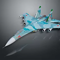 Military Fighter Jet Blue Green Camouflage Sleek Design with Mounted Missiles on Dark Reflective Background