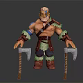 White Haired Warrior with Blue Facial Markings Fur Outfit Holding Dual Axes Standing