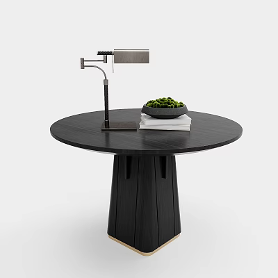 Round Black Wooden Desk With Metal Stand Table Lamp Books And Green Plant Bowl 3d model