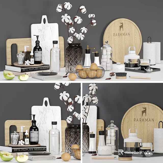 Elegant Kitchenware Arrangement With Cutting Boards Bottles Egg Basket And Decor 3d model 