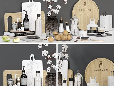 Elegant Kitchenware Arrangement With Cutting Boards Bottles Egg Basket And Decor 3d model