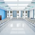 Modern Conference Room With Digital Blue Tech Display White Chairs Meeting Tables And Bright Lighting