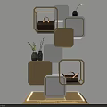 Geometric Display Shelf In White And Beige With Handbags And Small Plants Modern Design