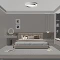 Modern Bedroom Interior With Bed Nightstands Striped Rug Mirror Artwork And Window Seat