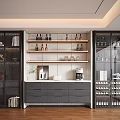 Stylish Modern Decorative Cabinet With Glass Doors Open Shelves Wine Bottles And Drawers
