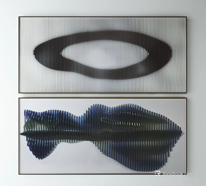 Abstract Framed Wall Art With Black Oval And Blue Green Shapes For Home Decor 3d model 