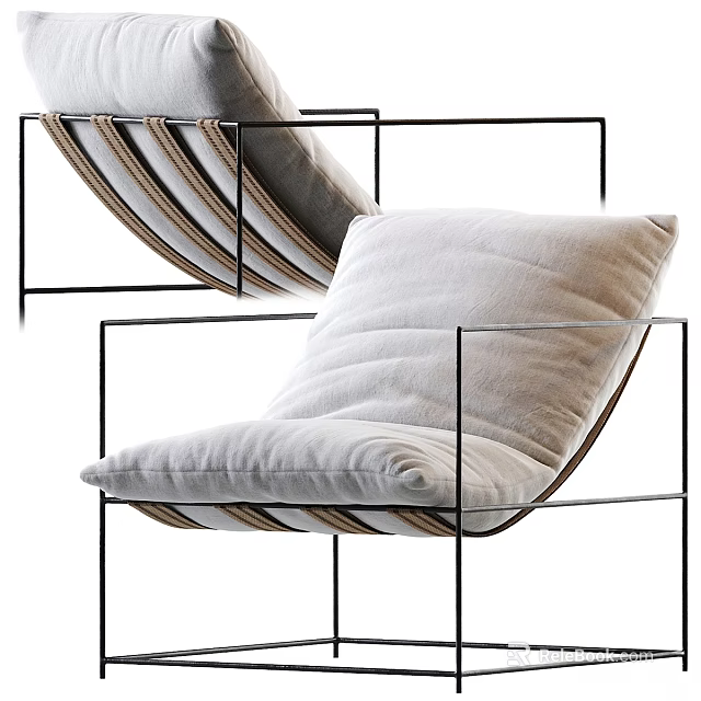 Stylish Leisure Chair with Black Metal Frame White Padded Seat and Backrest Minimalist Design 3d model 