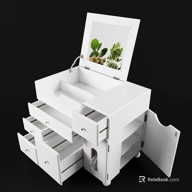 White Storage Cabinet With Multiple Drawers Mirror And Green Plants Organizer 3d model 