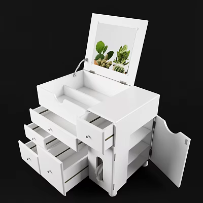 White Storage Cabinet With Multiple Drawers Mirror And Green Plants Organizer 3d model