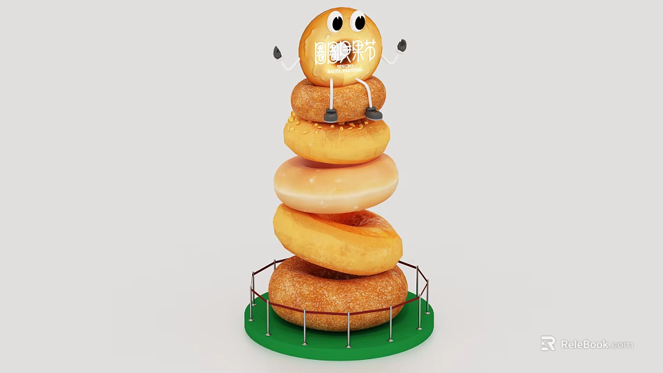 Inflatable With Smiley Face Arms Legs Sitting On Stacked Donuts Green Railings 3d model 