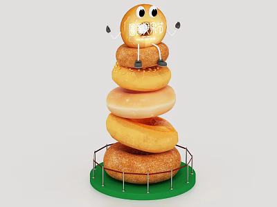 Inflatable With Smiley Face Arms Legs Sitting On Stacked Donuts Green Railings 3d model