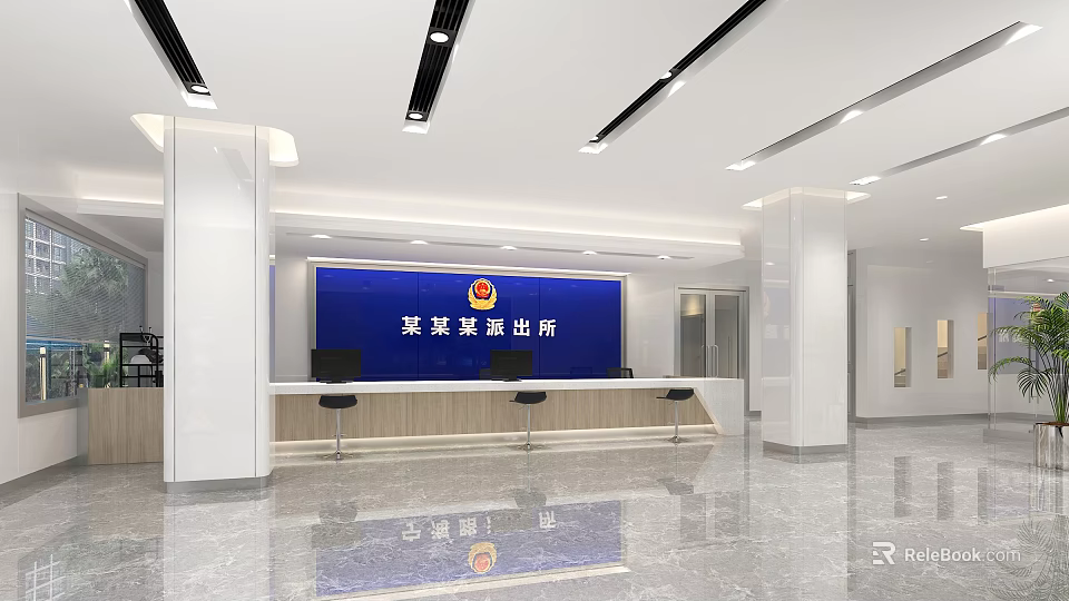 Modern Bright Police Station Service Hall With Blue Background Reception Desk And Polished Floor 3d model 