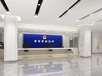 Modern Bright Police Station Service Hall With Blue Background Reception Desk And Polished Floor 3d model