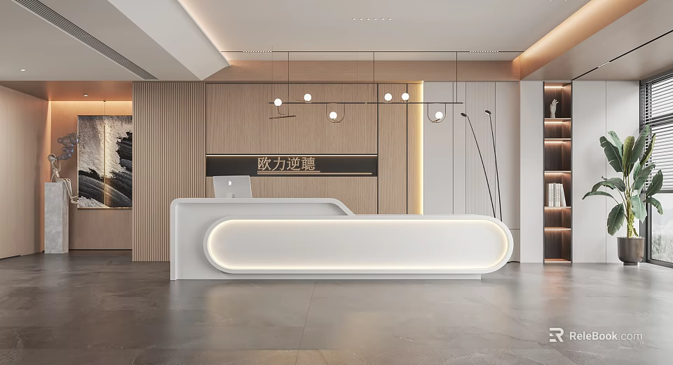 Modern Reception Area Design With White Curved Desk Pendant Lights And Wooden Backdrop 3d model 