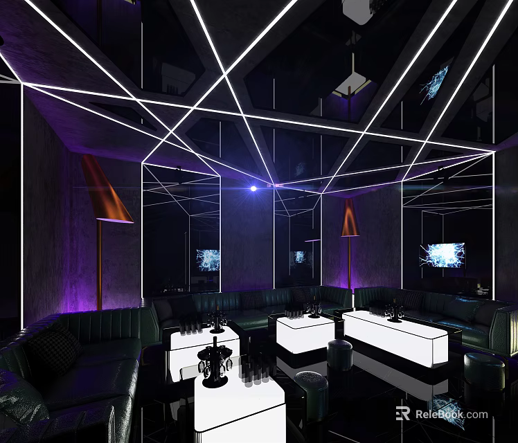 Modern KTV Interior Design With Neon Lines Purple Lighting Black Sofas And Screens 3d model 