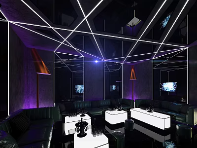 Modern KTV Interior Design With Neon Lines Purple Lighting Black Sofas And Screens 3d model