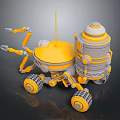 3D Robot Model Featuring Mechanical Arms Wheels Yellow Gray Antenna Design 3d model