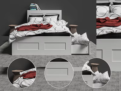 Modern Double Bed With White Frame Black White Red Bedding Nightstands Rug And Books 3d model