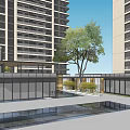 Two Modern Residential High Rise Buildings With Balconies Low Rise Structures Trees And Blue Sky