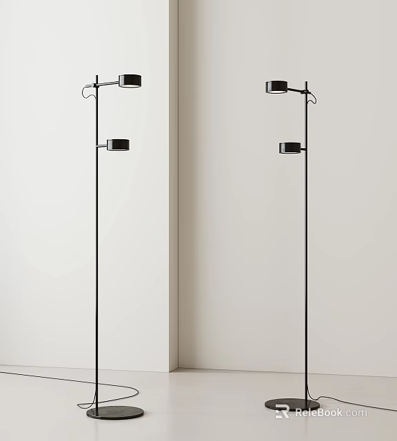 Black Floor Lamps in White Wall Corner with Slim Poles and Two Light Heads 3d model 