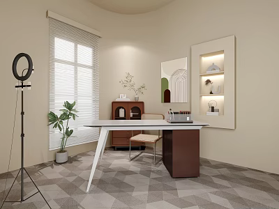 Modern Public Office Space With White Desk Brown Cabinet Green Plant And Louvered Window 3d model