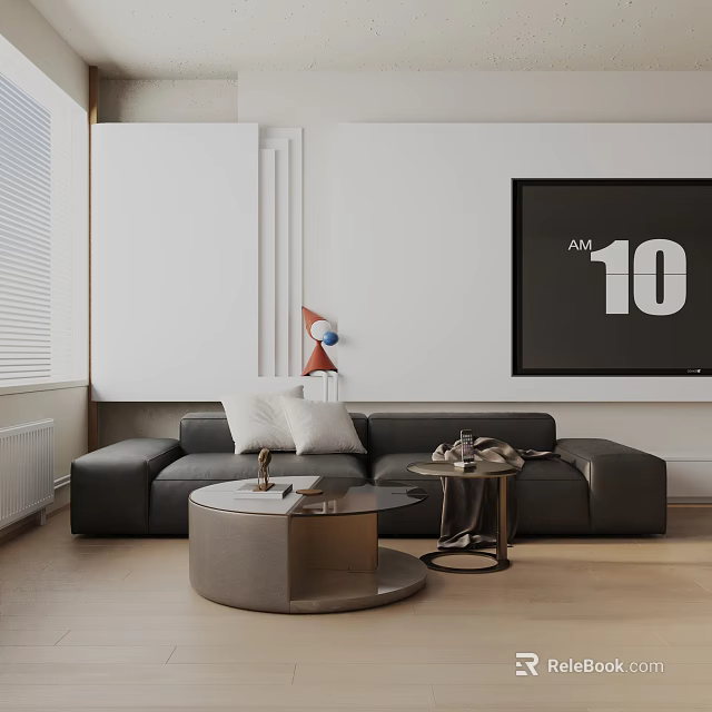 Modern Living Room Black Three Seater Leather Sofa With White Cushions And Round Coffee Table 3d model 