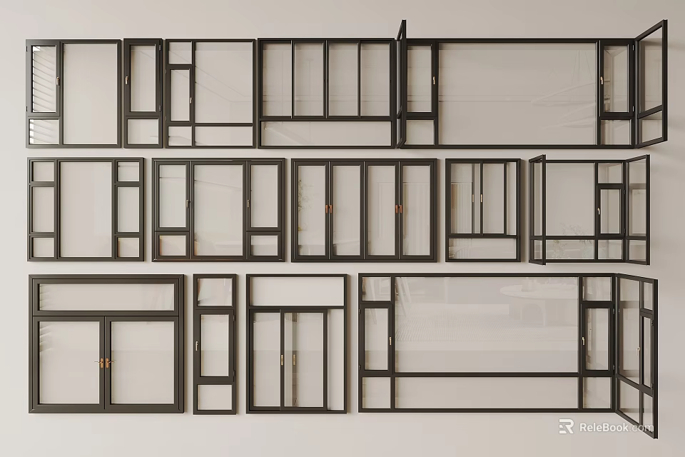 Modern Floor to Ceiling Windows Design with Various Styles and Black Frames for Home Interior 3d model 
