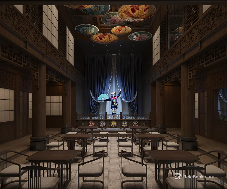 Traditional Teahouse Interior Design With Wooden Stage Colorful Lanterns And Classic Tables Chairs 3d model 