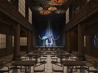 Traditional Teahouse Interior Design With Wooden Stage Colorful Lanterns And Classic Tables Chairs 3d model