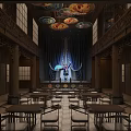Traditional Teahouse Interior Design With Wooden Stage Colorful Lanterns And Classic Tables Chairs