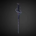 Ornate Fantasy Sword With Curved Silver Hilt Red Gemstone And Golden Blade Accents