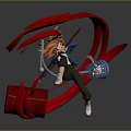 Dynamic Game Character With Brown Hair Blue Jacket Wielding Red Chain And White Shoes
