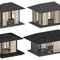 Japanese Garden Pavilions with Wooden Lattice Doors Various Roof Designs and Interior Seating