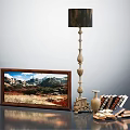 Oil Painting In Brown Frame Mountain Landscape With Floor Lamp Dark Lampshade Books And Vase