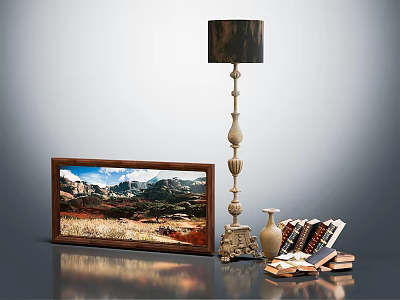 Oil Painting In Brown Frame Mountain Landscape With Floor Lamp Dark Lampshade Books And Vase 3d model